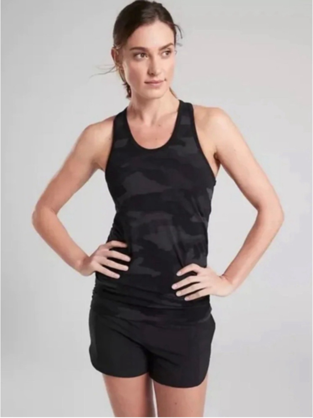 Athleta Racerback Tanktop Black/Grey Camo SZ Medium Petite